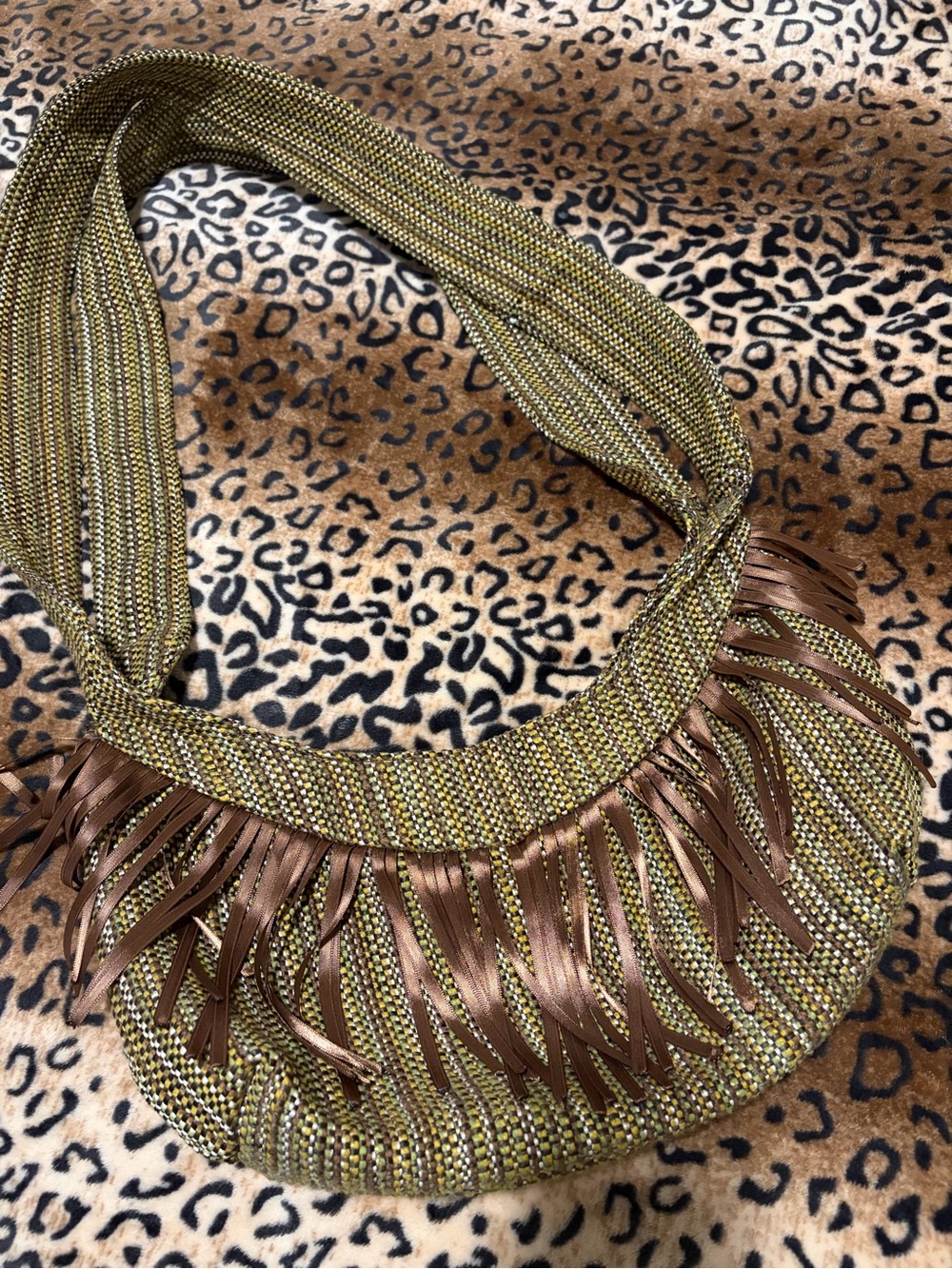 Olive & Brown Woven Fringe Shoulder Bag